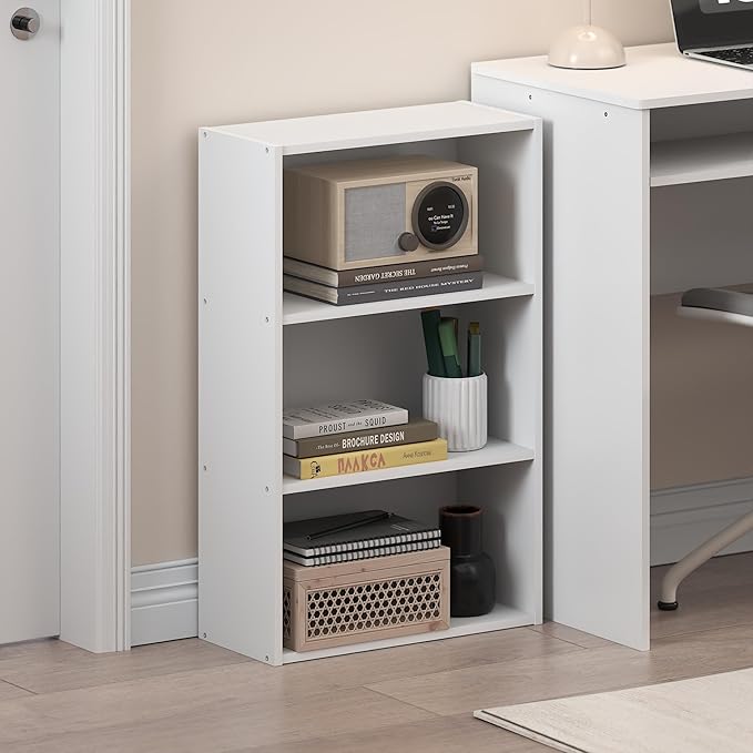 Furinno Basic Book Shelf, 3-Tier Bookshelf, Cube Storage Organizer Bookcase with Open Shelf, 7 x 17 x 26, for Living Room, Bedroom, Home Office, White