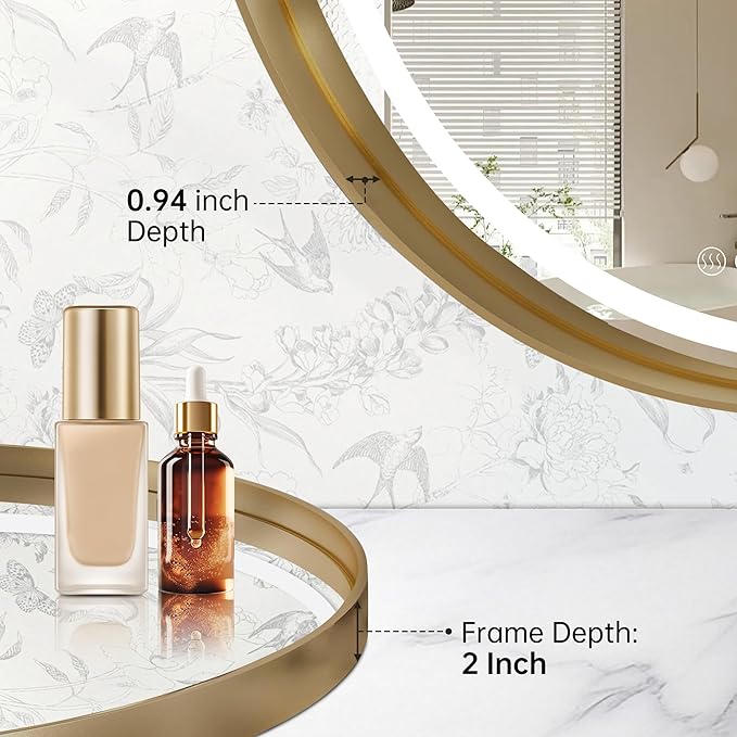 Gold Round Mirror 32 Inch, Metal Framed Frontlit Bathroom Mirror, Circle Mirrors for Wall, Led Light Mirror with Anti-Fog, Memory Function, 3 Color Temperature, Makeup Mirrors Dimmable