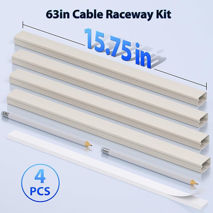 ZhiYo Large Capacity Wire Hiders for TV on Wall for 2-4 Cords, 63in (4xL15.8in) PVC Cable Cover with Adhesive Tape, Snap and Lock Design for Wall Mounted TV, Beige Cord Covers for Wires on Wall