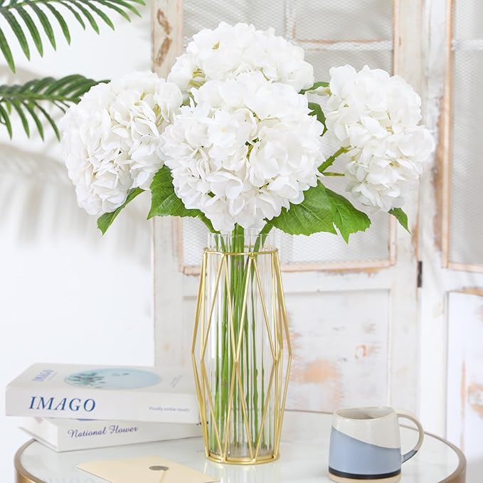 Nubry 22.44In White Hydrangea Artificial Flowers,4Pcs Latex Faux Real Touch Large Hydrangea Flowers with Long Stems & Leaves for Home Office Decor Wedding Party Arrangements(White)