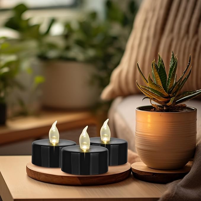 Battery Operated LED Tea Lights: 12PACK Flameless Votive Candles Lamp Realistic and Bright Flickering Holiday Gift Long Lasting 200Hours for Seasonal & Festival Celebration Black