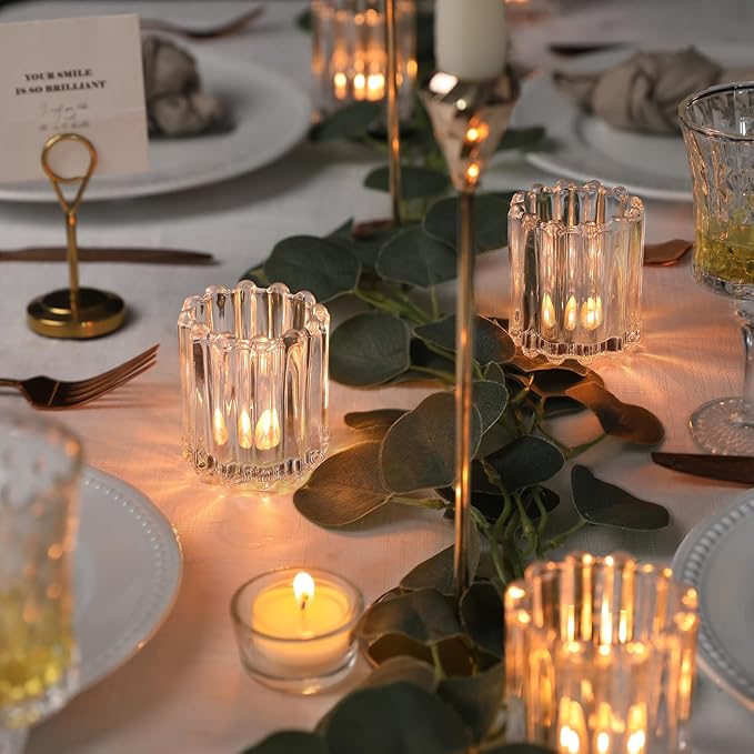 Glass Clear Votive Candle Holder, Ribbed Votive Candle Holders Set of 12, Tealight Candle Holder for Wedding Centerpieces Dinner Party Table Decor