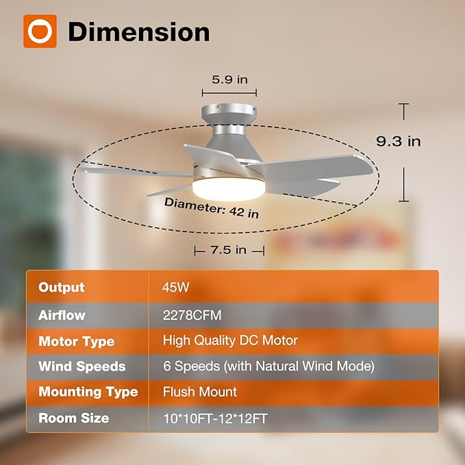 addlon Ceiling Fans with Lights, 32 inch Low Profile Ceiling Fan with Light and Remote Control, Flush Mount, Reversible, 3CCT, Dimmable, Quiet, Silver Small Ceiling Fan for Bedroom Indoor/Outdoor Use