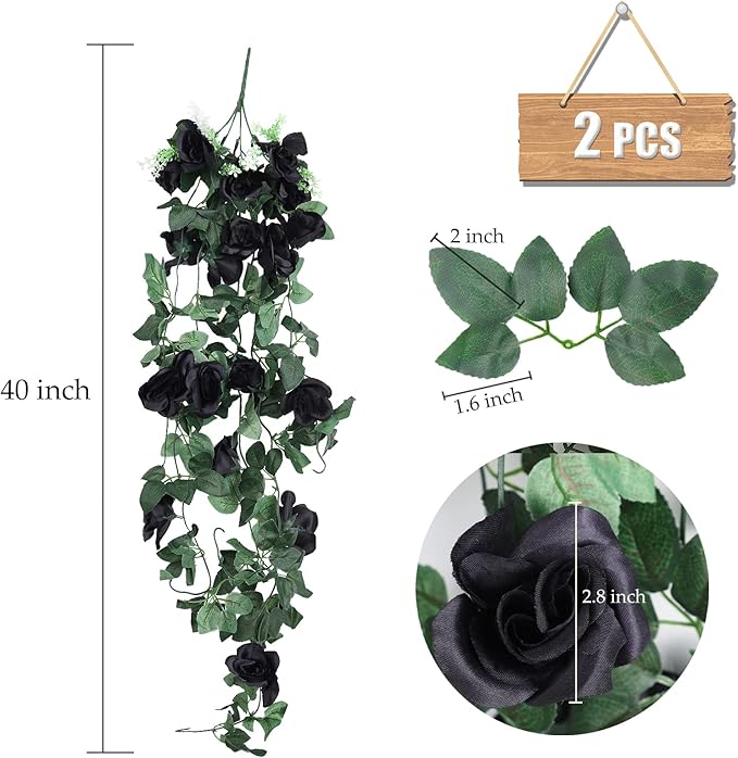 RECUTMS Flowers Artificial Hanging Plants 2PCS 3.3Ft Rose Vine for Home Room Garden Wedding Indoor Outdoor Decoration (Black)