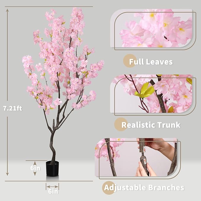 7.2ft Artificial Cherry Blossom Tree for Indoor Decor,Nearly Nature Pink Silk Flowers Fake Tree Tall,Realistic Faux Cherry Plant Wishing Tree Outdoor Front Door Handmade for Office Living Room Decor