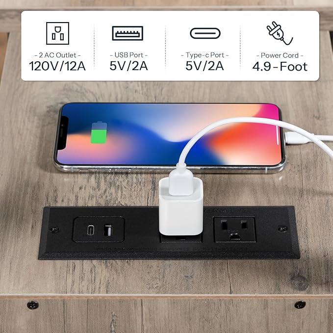 HOOBRO Set of 2 End Tables with Charging Station, Narrow Side Table with Drawers & USB Port & Power Outlets, Nightstand for Small Spaces, Living Room, Stable, Greige and Black BG541BZP201