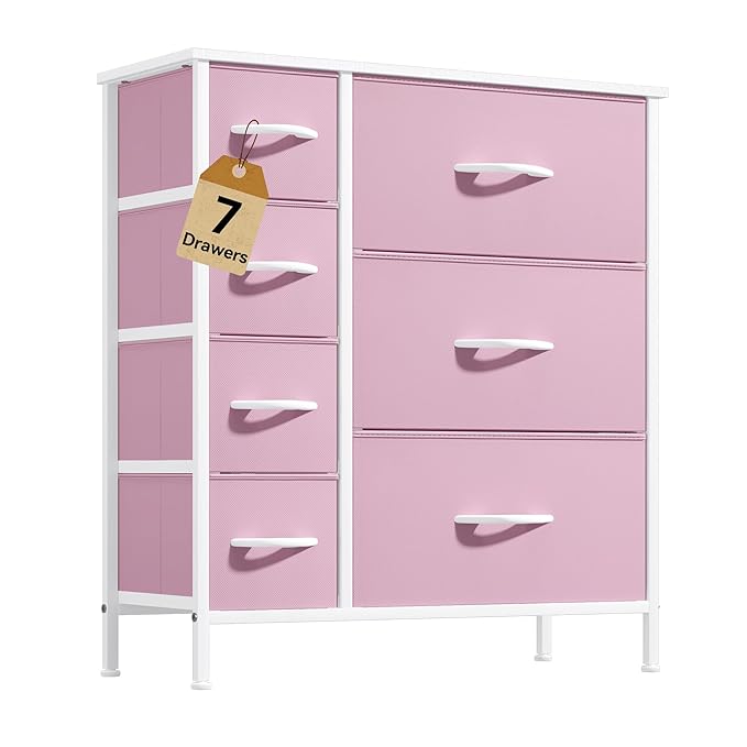DWVO Dresser for Bedroom, 7 Drawers Fabric Dresser, Organizer Unit for Living Room, Hallway, Closets - Sturdy Steel Frame, Wooden Top & Easy Pull Fabric Bins, Pink