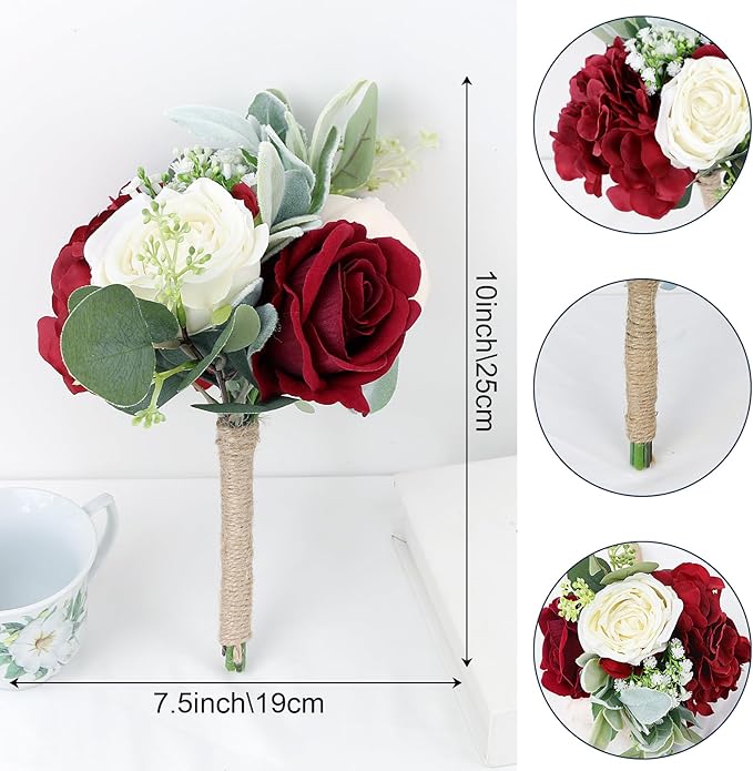 Artificial Flowers Bridesmaid Bouquets - Set of 2 Bridesmaid Bouquet Burgundy White Handmade Silk Floral Bouquet for Wedding Ceremony Anniversary, Bridal Shower, Home Table Decorations