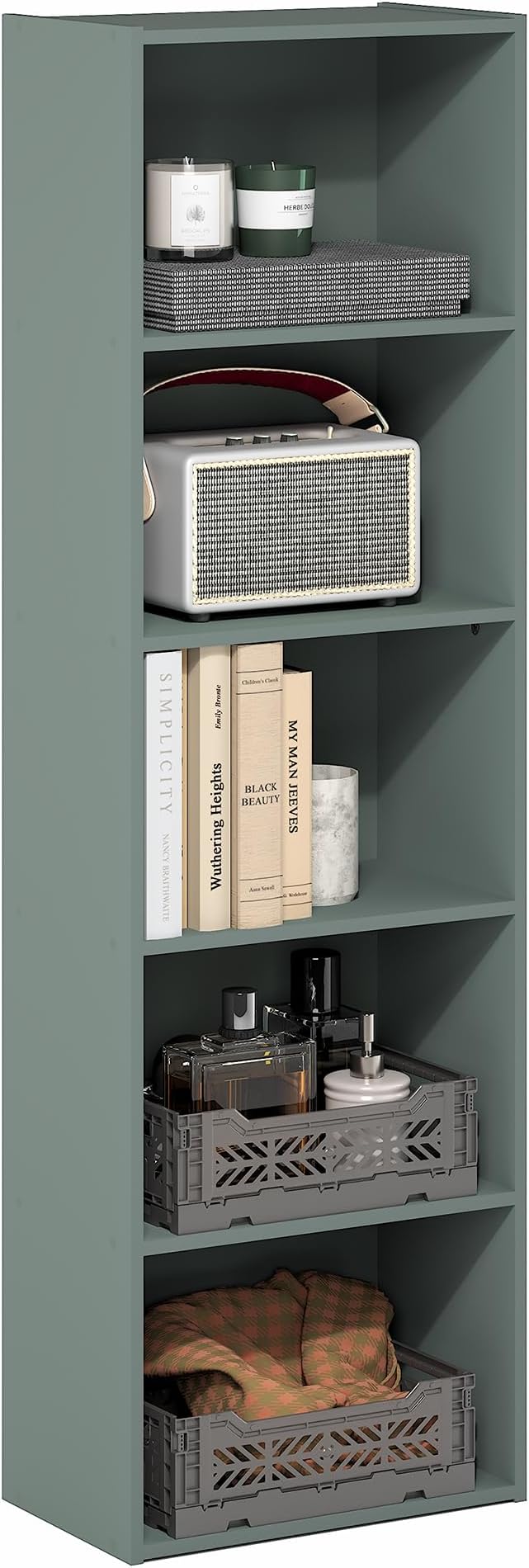 Furinno LUDER Book Shelf, 5-Tier Bookshelf, Bookcase, 9.4" x 15.8" x 52", for Living Room, Bedroom, Home Office, Sage Green