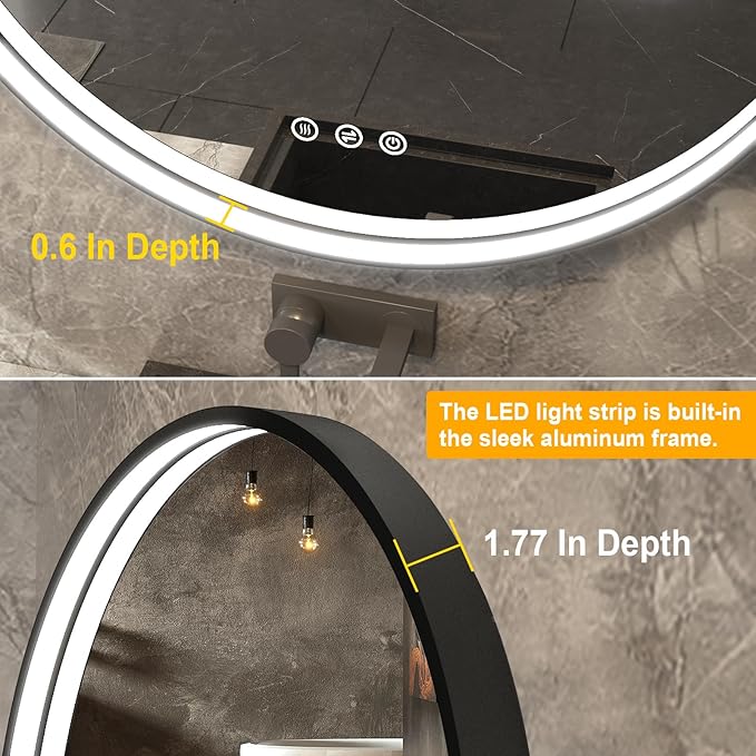 36 Inch LED Round Mirror for Bathroom, Black Metal Framed LED Bathroom Mirror with Lights, 3 Colors and Stepless Dimmable Wall Mounted Lighted Bathroom Vanity Mirror, Anti-Fog, Memory
