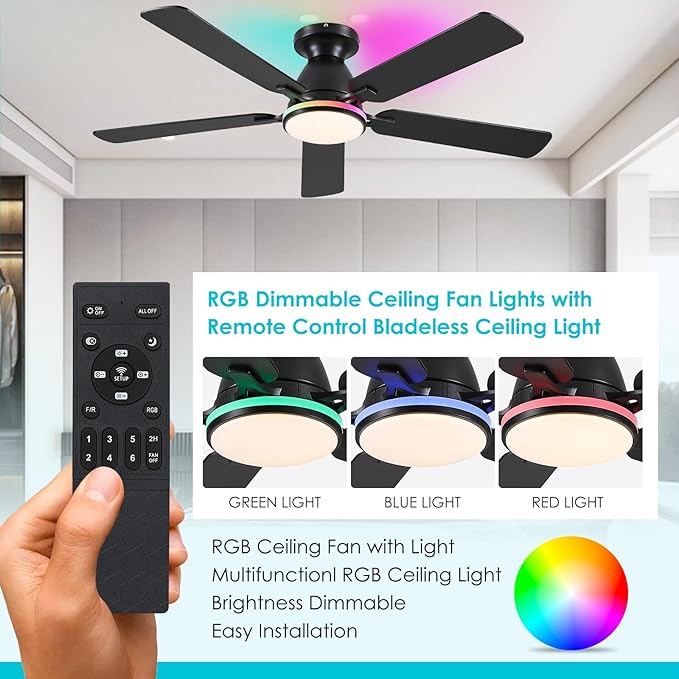 Ceiling Fans with Lights- 52" RGB Low Profile Indoor Ceiling Fan with Light and Remote/APP Control, Flush Mount, LED Dimmable DC Reversible Modern Ceiling Fan for Bedroom（Black）