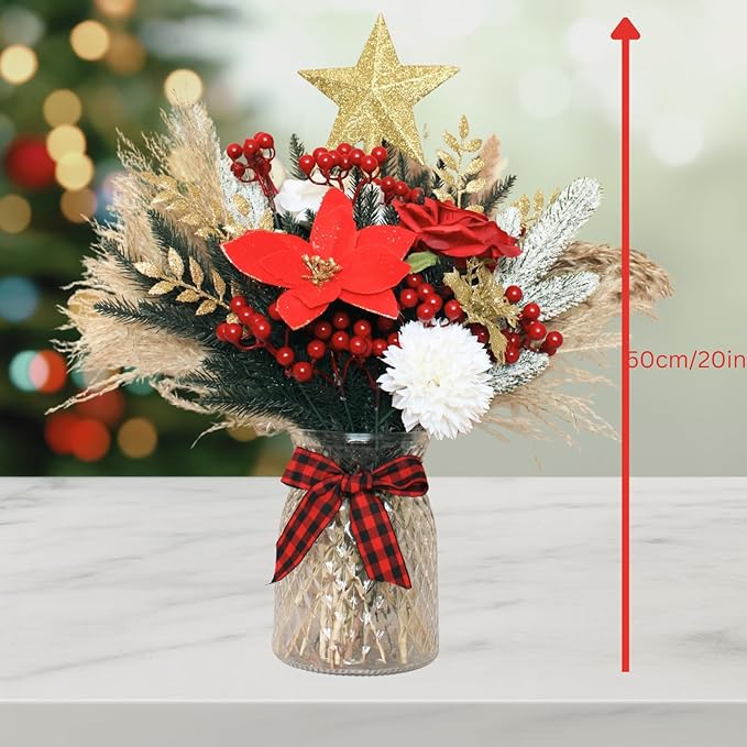 Christmas Centerpieces for Tables, Holiday Table Decor, 100pcs Christmas Floral Arrangements In Vase, Xmas Decorations For Coffee Kitchen Dining Table, Artificial Poinsettia Red Berry Pine Branches