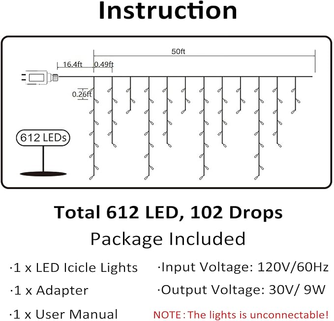 Toodour Christmas Icicle Lights Outdoor, 612 LED 50ft 8 Modes Fairy Icicle String Light with 102 Drops, Led Christmas Lights Twinkle for Holiday, Party, Wedding, Eaves, Xmas Decorations (Warm White)