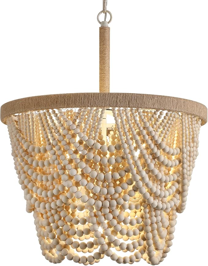 Q&S Boho Wood Beaded Chandelier,Farmhouse Coastal Large Bohemia 5 Lights for Dining Room Kitchen Living Room Entryway Foyer Hotel W19.9 UL Listed
