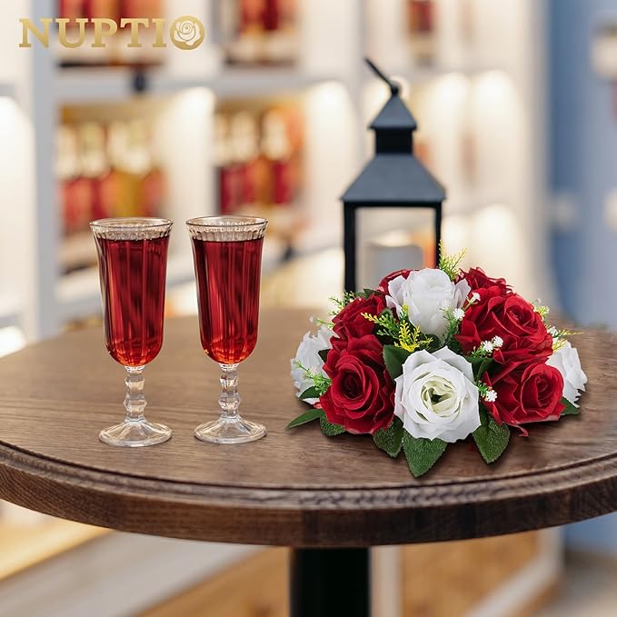 NUPTIO Artificial Flower Centrepieces for Tables - 10 Pcs Crimson & White Fake Flowers Roses Balls 9.5in Diameter - Silk Faux Rose Arrangement for Wedding Party Centerpiece Table Decorations