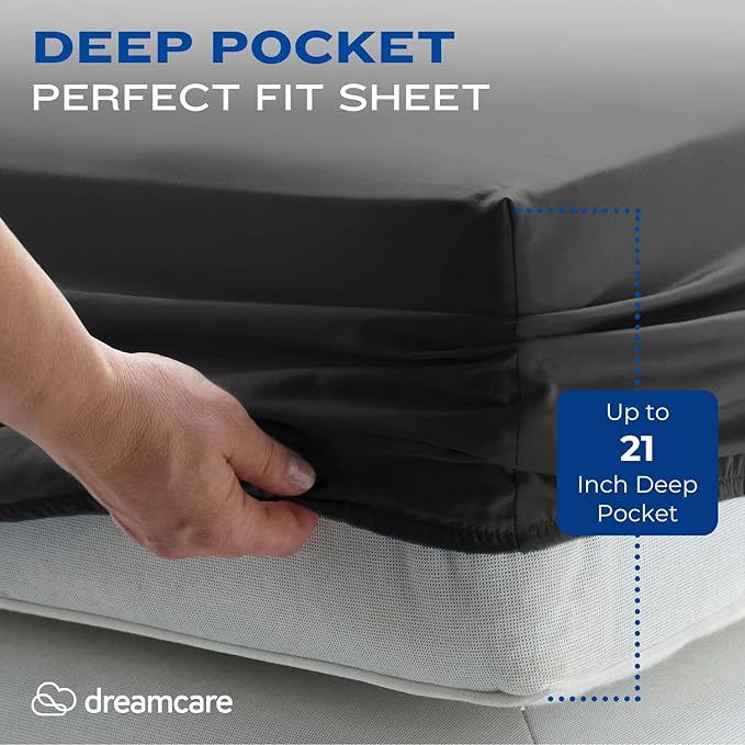DREAMCARE Queen Sheet Set – 4 pcs Cooling Sheets – up to 21” Deep Pocket Queen Sheets – Hotel Luxury Sheets & Pillowcases – Superior Softness 100% Fine Microfiber with Side Pocket – Gray