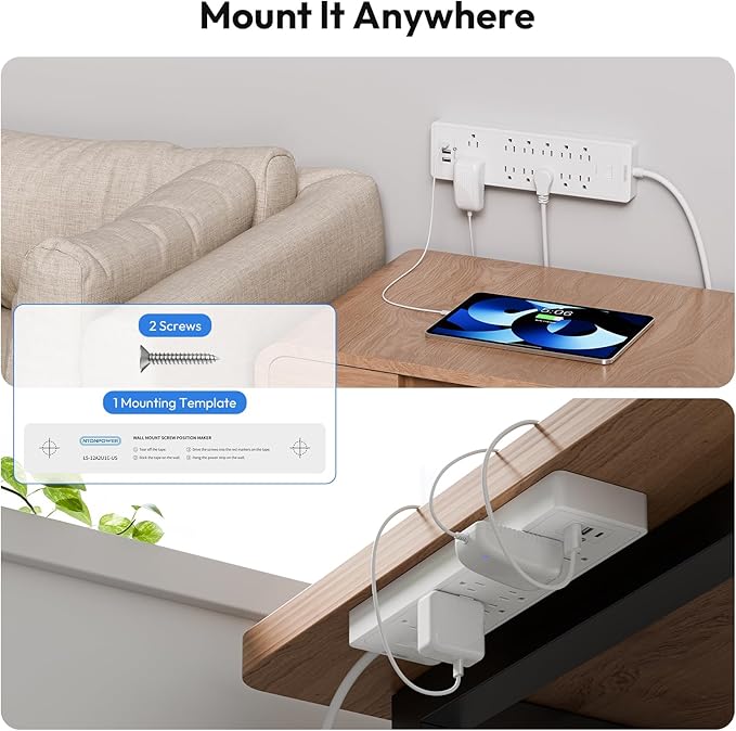25Ft Extension Cord, NTONPOWER Long Cord Power Strip with 12 Outlet 3 USB(1 USB C), 2100 Joules Surge Protector, 1875W/15A, Overload Protection, Wall Mount for Home Office, Workbench, Garage, White