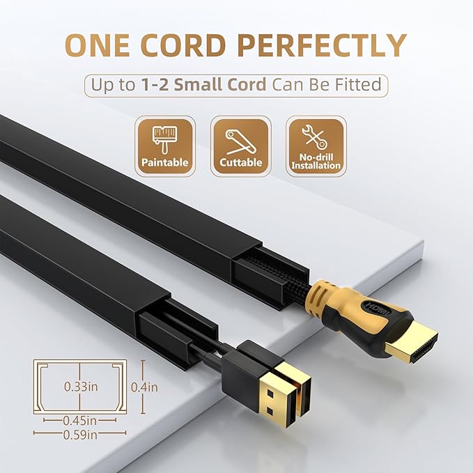 Delamu Black Cord Hider, 85in Cord Covers for Wires on Wall, One-Cord Cable Hider, Wire Hiders Wire Covers for TV Cords on Wall, Easy Mount Cable Cover Management Kit, 6X L14.2 W0.59 H0.4in, Black