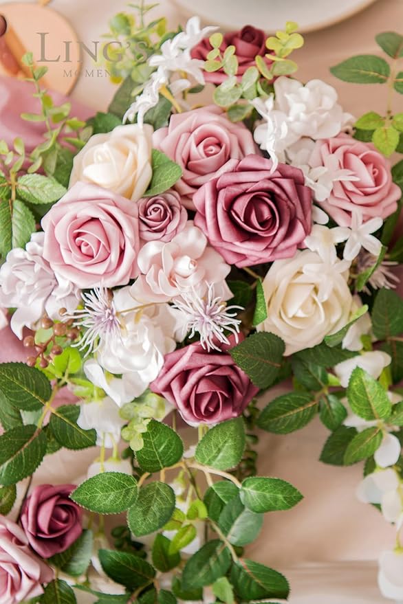 Ling's moment Artificial Flowers 50Pcs Torrid Blush Roses Decor w/Stems,3" Real Touch DIY Foam Floral for Wedding Bouquet/Centerpieces, Outdoors Party Backdrop, Room/Table, and Garden/Pot Decorations