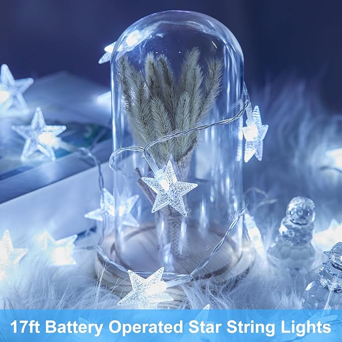 Minetom Star String Lights Battery Operated - 2 Pack 17 ft 50 LED Star Fairy String Lights with Timer, Waterproof for Indoor Bedroom Tent Loft Bed Patio Party Wedding Decor, White