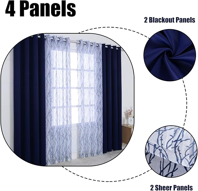 BONZER Mix and Match Curtains - 2 Pieces Branch Print Sheer Curtains and 2 Pieces Blackout Curtains for Bedroom Living Room Grommet Window Drapes, 37x84 Inch/Panel, Indigo, Set of 4 Panels