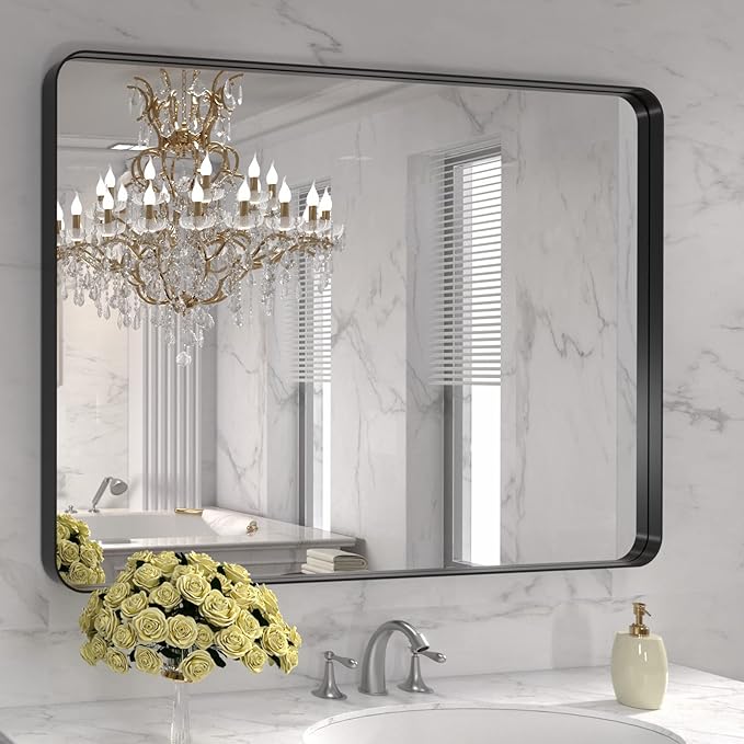 LOAAO 40X32 Inch Black Metal Framed Bathroom Mirror for Wall, Matte Black Bathroom Vanity Mirror Farmhouse, Large Rounded Rectangle Mirror, Anti-Rust, Tempered Glass, Hangs Horizontally or Vertically