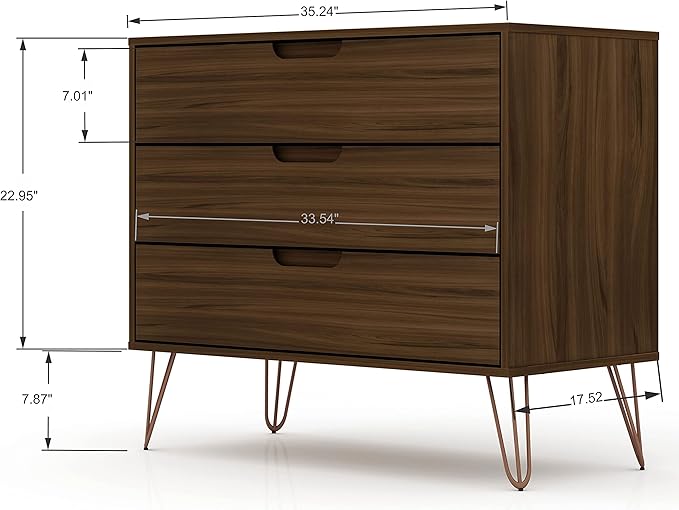 Manhattan Comfort Rockefeller 3 Drawer Dresser for Bedroom Storage, Nursery, Closet, Living Room, Entryway, TV Stand for Screens up to 32 Inches, Anti-Tip Kit Included, Set of 2, Brown