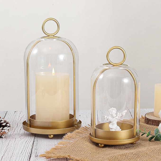 Versatile Metal Candle Holder Set with Handmade Glass Dome,Antique Brass Pillar Candle Stand, 5.2" & 4.1" Wide for Tabletop or Hanging, Industrial & Farmhouse Decor