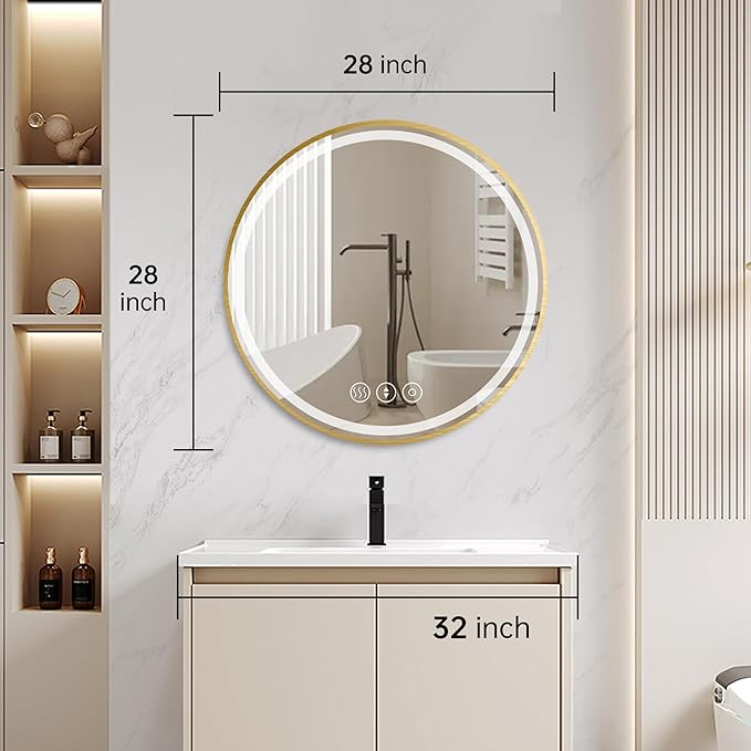 Gold Round Mirror 28 Inch, Metal Framed Frontlit Bathroom Mirror, Circle Mirrors for Wall, Led Light Mirror with Anti-Fog, Memory Function, 3 Color Temperature, Dimmable Makeup Mirrors