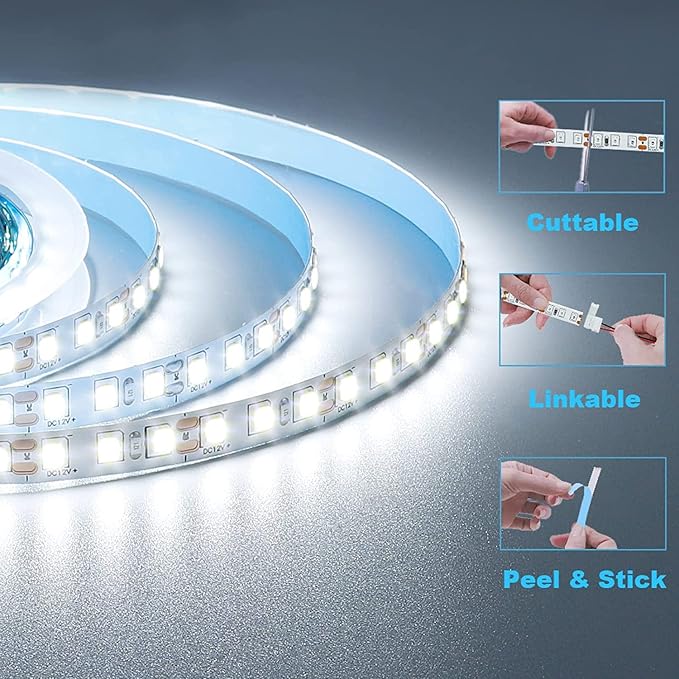 12V LED Strip Light Cool White 6000K 5M/16.4ft 600LEDs Flexible SMD2835 High Brightness No-Waterproof IP20 LED Tape Lights for Bedroom Kitchen Party etc Decorate(No Power Supply)