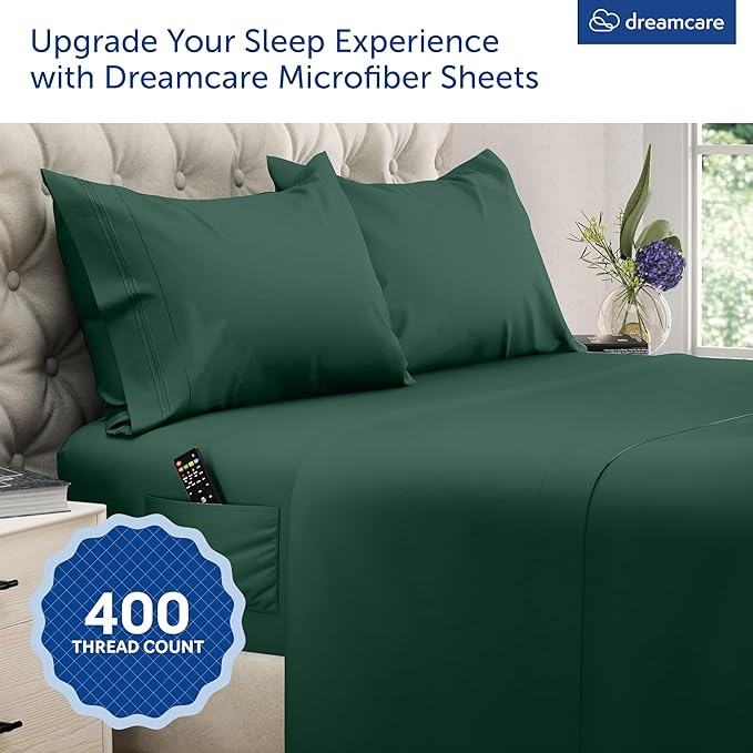 DREAMCARE Queen Sheet Set – 4 pcs Cooling Sheets – up to 21” Extra Deep Pocket Queen Sheets – Hotel Luxury Pillowcases – Superior Softness 100% Microfiber with Side Pocket - Emerald Green