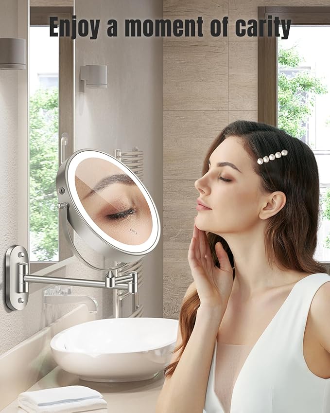 30X/1X Wall Mounted Lighted Makeup Mirror, 8'' Double Sided Rechargeable Magnifying Bathroom Mirror with Light, 3 Color Lights Touch Dimmable Extended Arm 360 Rotation Light up Mirrors