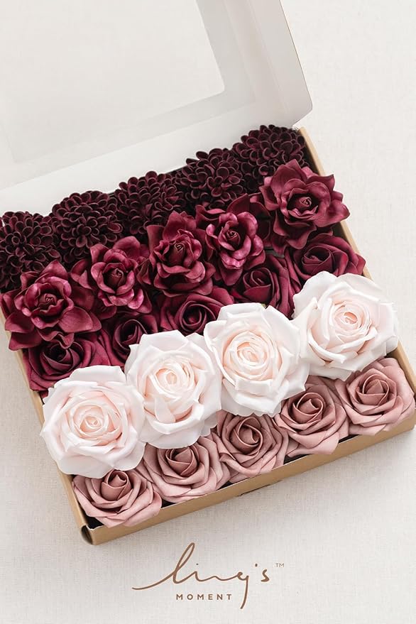 Ling's Moment Artificial Flowers Fake Silk Roses Faux Foam Dahlia Gardenia Combo for DIY Wedding Bouquets Centerpieces Arrangements Bridal Shower Party Home Decorations, Marsala & Dusty Rose, 24pcs