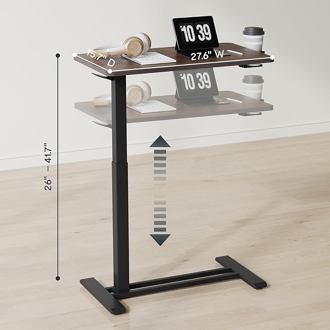 FLEXISPOT H7 Adjustable Overbed Bedside Table with Wheels Pneumatic Mobile Standing Desk Laptop Desk Rolling Computer Cart Movable Table Hospital Home Use(27.6" W x 15.7" D, Mahogany Table)