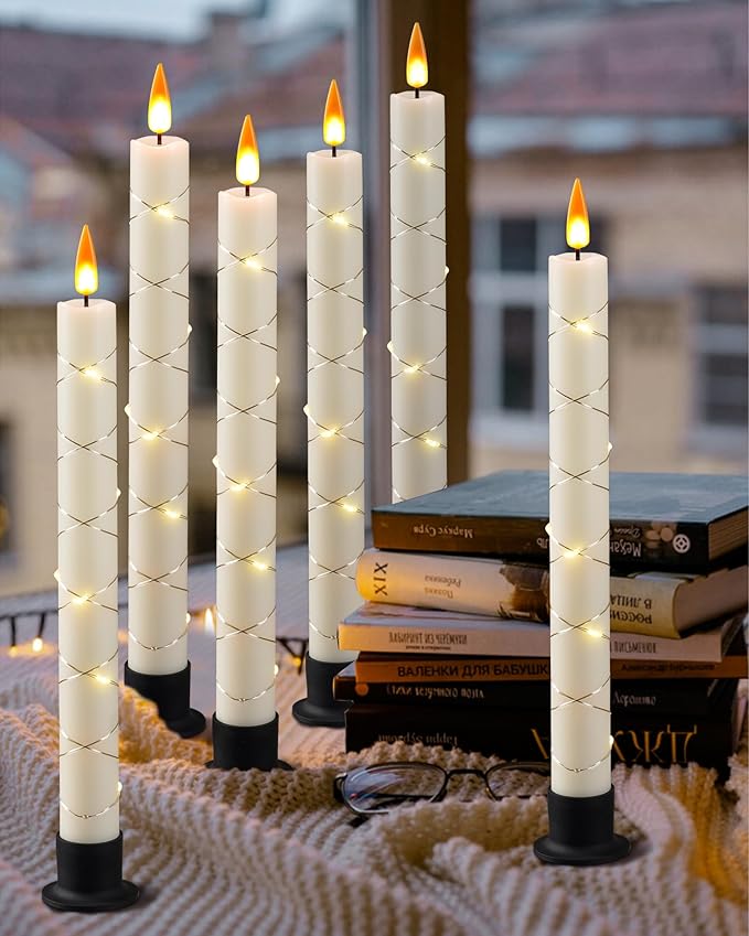 Da by 6 Flameless Window Candles with Remote Control & Timer, Surround String Lights, Battery Powered, 9.6" Christmas Candles, Free 6 Black Bases for Home Décor