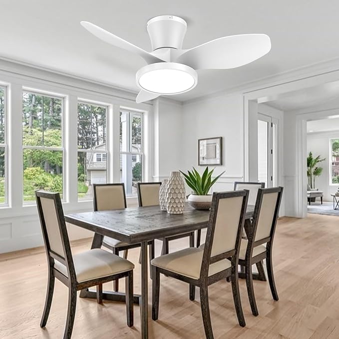 ocioc Quiet Ceiling Fan with LED Light DC motor 32 inch Large Air Volume Remote Control White for Kitchen Bedroom Dining room Patio