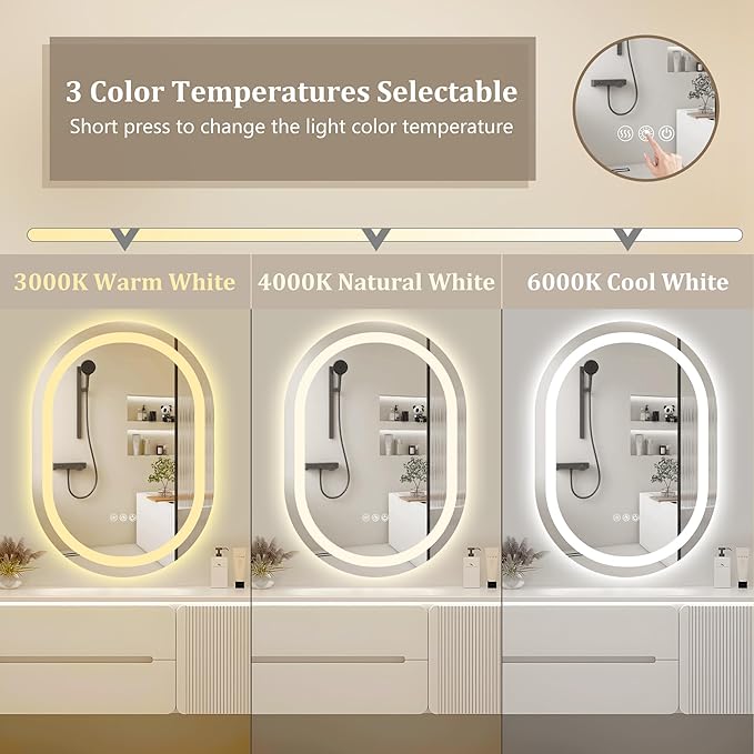 LED Oval Bathroom Mirror 40"x24" Oval Bathroom Vanity Mirror for Wall Anti-Fog 3 Colors & Dimmable Bathroom Mirror for Over Sink with Lights Memory Function Shatterproof LED Mirror