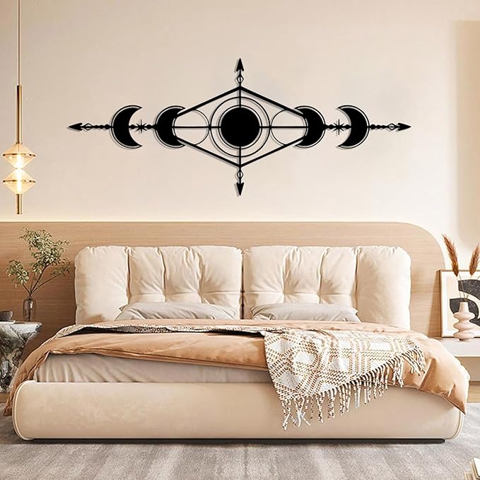 Hfrolixit Moon Phase Metal Wall Decor, Boho Moon Metal Wall Art, Celestial Wall Decor, Scandinavian Natural Wall Art, Astrology Wall Hanging (White, 48"x19"/121x49cm)