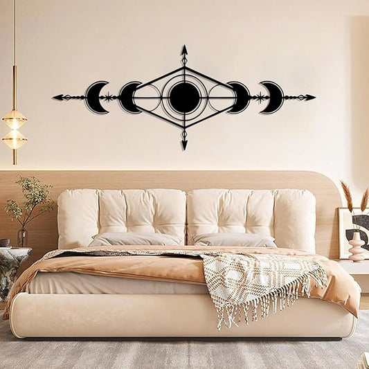 Hfrolixit Moon Phase Metal Wall Decor, Boho Moon Metal Wall Art, Celestial Wall Decor, Scandinavian Natural Wall Art, Astrology Wall Hanging (Black, 35"x14"/90x36cm)