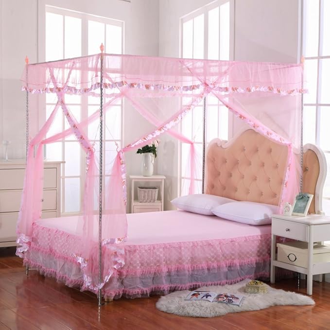 Canopy Bed Curtains Queen - 4 Corner Post Canopy for Bed, Bed Canopy for Adults, Bedroom Decor (Queen Size, Pink)