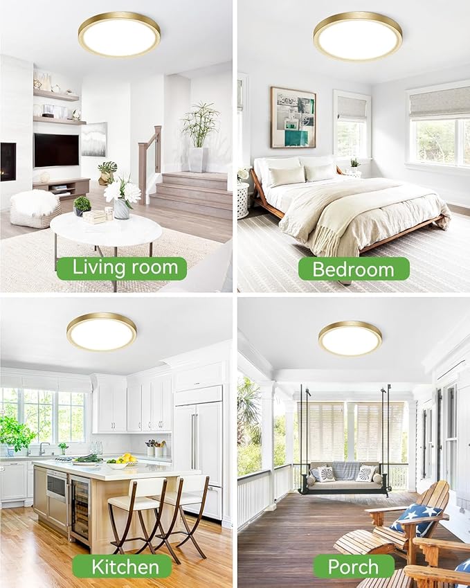 zemty 2Pack LED Ceiling Light Golden - 12In 28W Aureate Flush Mount Ceiling Light, 3 Color Temperature 3000K/4500K/6000K - 3200lm Gilded Round Flat Light Fixture for Kitchen Bathroom Shower