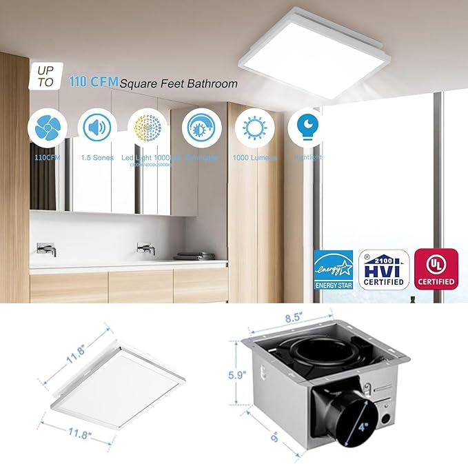 Tech Drive Modern Nickel Bathroom Exhaust Fan with Light, 110CFM, 1000lm Dimmable 5CCT LED Light Selectable, Quiet Ventilation Fan with night light,Energy Star Certified, Decorative Nickel Trim