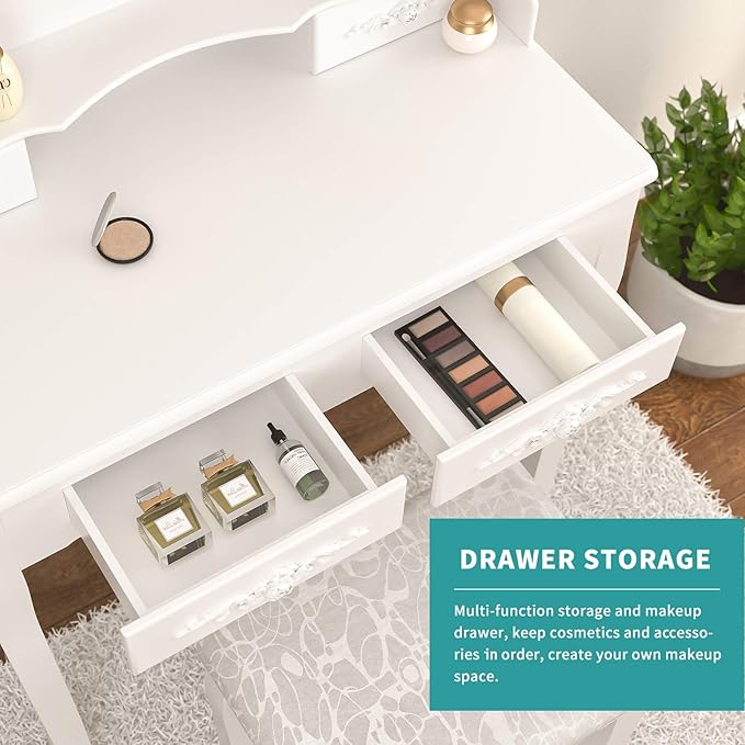 Vanity Table Set ,Makeup Table with Oval Mirror & Stool, Bedroom Wood Dressing Table with 4 Drawers White