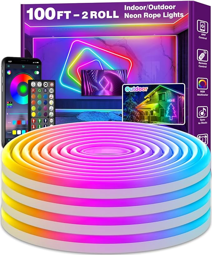 AILBTON 100Ft Neon Rope Lights,Flexible Led Rope Lights Control with App/Remote,Multiple Modes Rope Lights,IP65 Outdoor RGB Led Neons Lights,Music Sync Gaming Led Neon Light Strip for Bedroom Decor