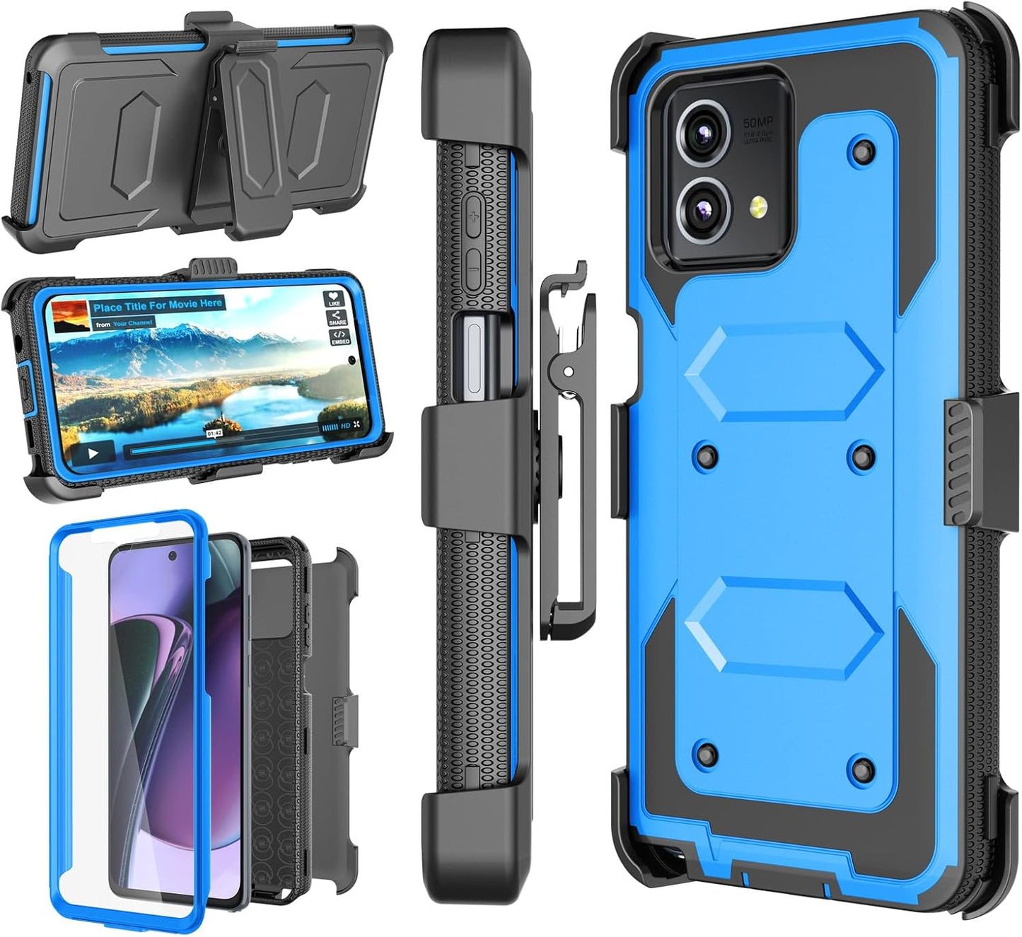 Njjex for Moto G Stylus 2023 5G Case, Shockproof Heavy Duty Holster with Built-in Screen Protector, Blue
