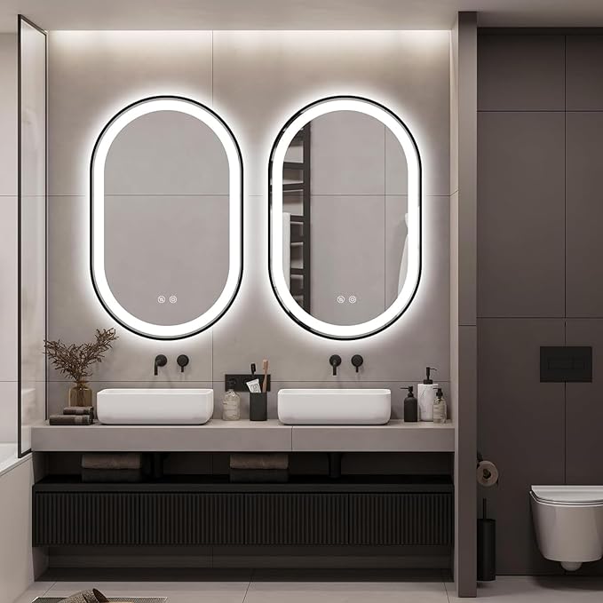 Niccy Oval LED Mirror for Bathroom, 32x20 Front Lit + Backlit Vanity Mirrors with Light Anti-Fog, Shatter-Proof, Makeup Mirror with Black Frame (Horizontal/Vertical)