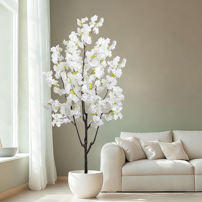 Faux White Cherry Blossom 6ft(72in) Artificial Floor Green Plant for Indoor Decor Natural Potted Tree with Texture Flowers Realistic Wood Trunk for Home Living Room,Office Perfect Housewarming Gift