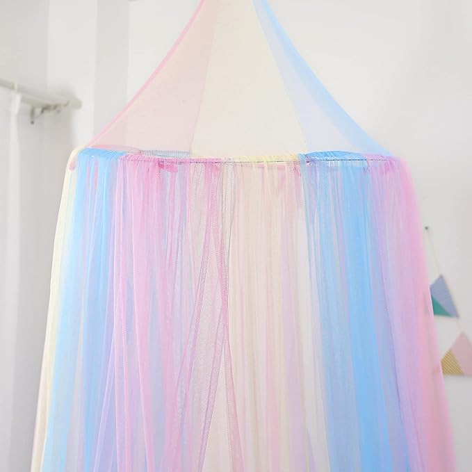 Rainbow Bed Canopy with Lights - Girls Room Bed Netting for Twin, Single, Full, Queen Size Beds - Reading Corners Room Décor