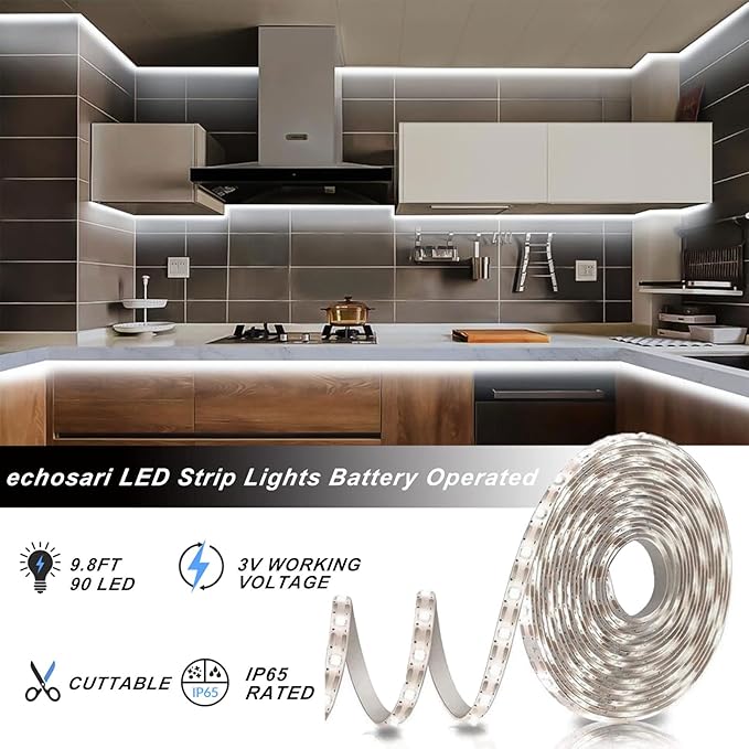 echosari Battery Operated Led Strip Lights White with Remote, 8 Modes, Dimmable, Timer, Self-Adhesive, Cuttable, for PC TV Kitchen Cabinet Shelves Bedroom Decor (3m 90LED)