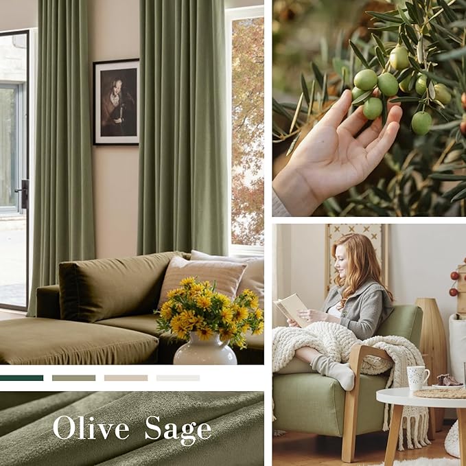 Lazzzy Velvet Blackout Curtains Thermal Insulated Room Window Drapes Super Soft Luxury Curtains for Living Room Bedroom Rod Pocket 2 Panels, Olive Sage, 42" W x 84" L